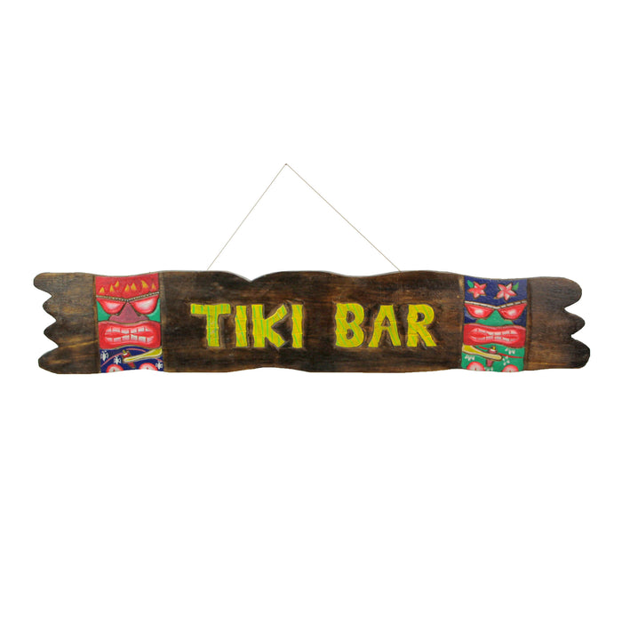 39-Inch Long Hand-Carved and Hand-Painted Wooden Tiki Bar Wall Hanging Sign with Rope Hanger - Artisan Crafted - Beachy Home