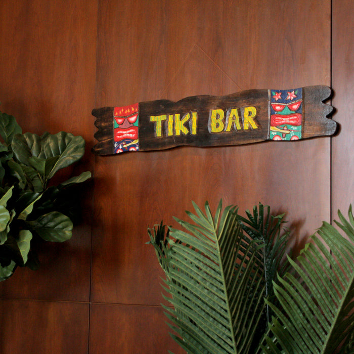 39-Inch Long Hand-Carved and Hand-Painted Wooden Tiki Bar Wall Hanging Sign with Rope Hanger - Artisan Crafted - Beachy Home