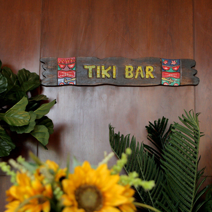 39-Inch Long Hand-Carved and Hand-Painted Wooden Tiki Bar Wall Hanging Sign with Rope Hanger - Artisan Crafted - Beachy Home