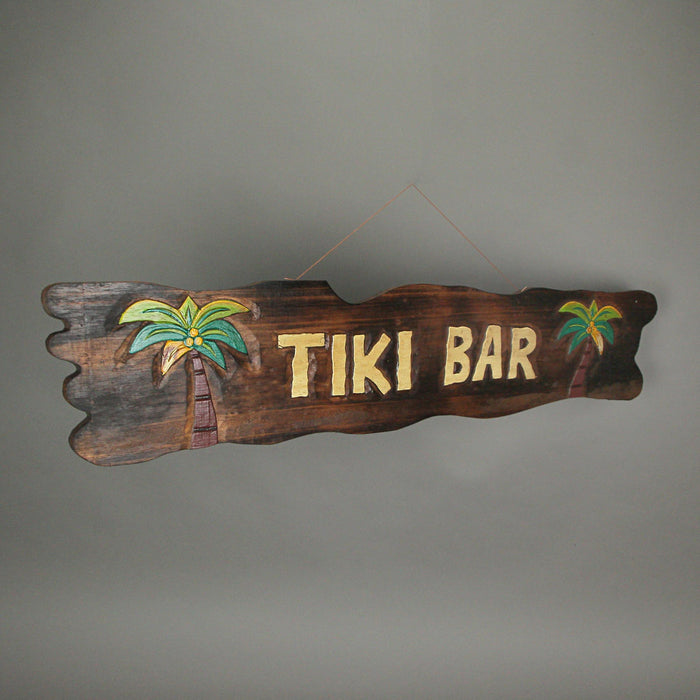 39-Inch Long Hand-Carved and Hand-Painted Wooden Tiki Bar Wall Hanging Sign with Palm Tree Accents and Rope Hanger - Artisan