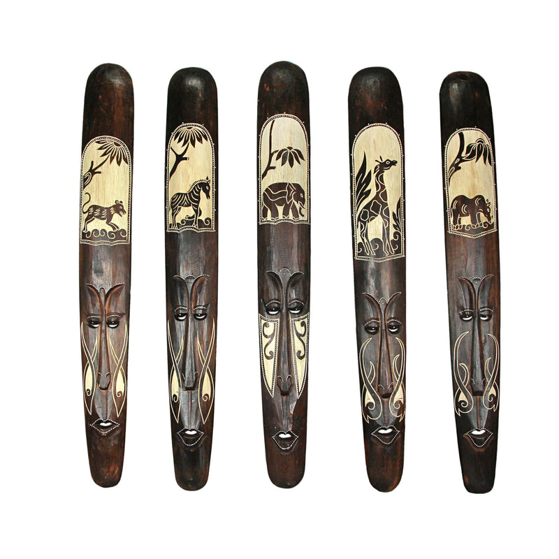 Set of 5 Hand Carved Brown Wood African Style Decorative Tribal Mask Wall Hangings - Artisan Crafted - Easy To Hang - Boho