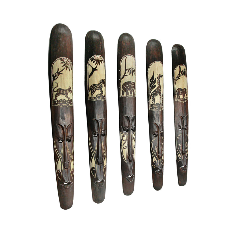 Set of 5 Hand Carved Brown Wood African Style Decorative Tribal Mask Wall Hangings - Artisan Crafted - Easy To Hang - Boho