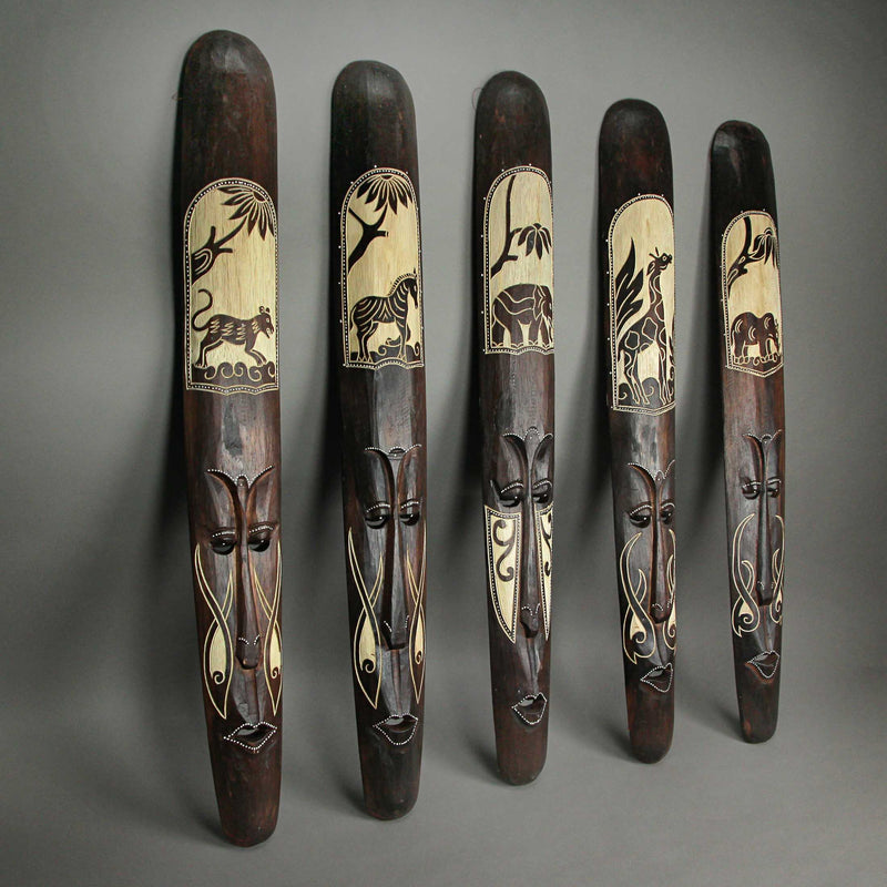 Set of 5 Hand Carved Brown Wood African Style Decorative Tribal Mask Wall Hangings - Artisan Crafted - Easy To Hang - Boho