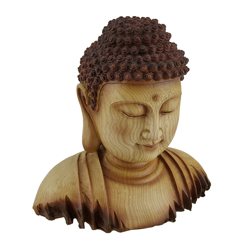Meditating Buddha Head Decorative Faux Carved Wood Look Statue Image 1