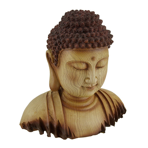 Meditating Buddha Head Decorative Faux Carved Wood Look Statue Image 1