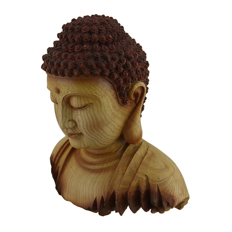 Meditating Buddha Head Decorative Faux Carved Wood Look Statue Image 2