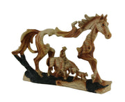 Horse and Cowboy Faux Wood Carving Statue Image 1