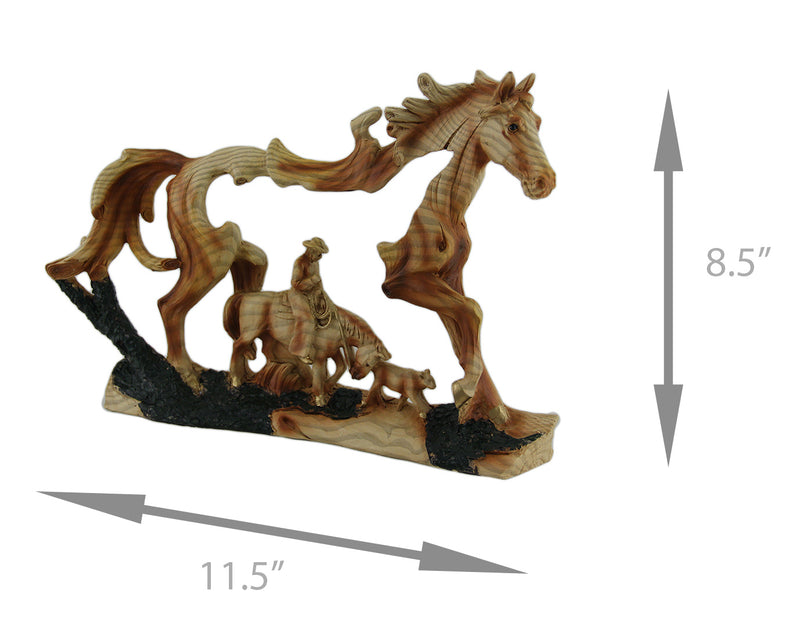 Horse and Cowboy Faux Wood Carving Statue Image 4