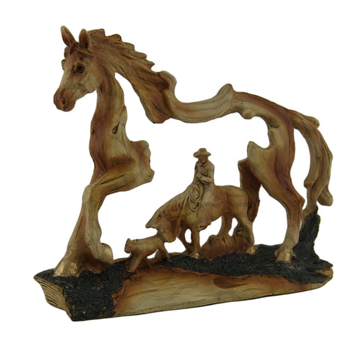 The Wrangler Cowboy In Horse Faux Carved Wood Openwork Statue Western Décor Image 1