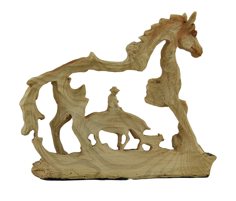 The Wrangler Cowboy In Horse Faux Carved Wood Openwork Statue Western Décor Image 3