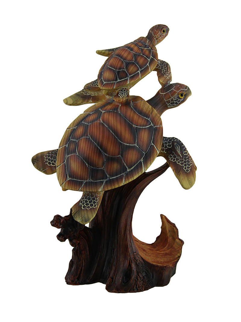 Two Swimming Sea Turtles Decorative Faux Carved Wood Look Statue Image 1