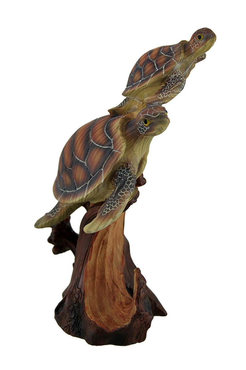 Two Swimming Sea Turtles Decorative Faux Carved Wood Look Statue Image 2