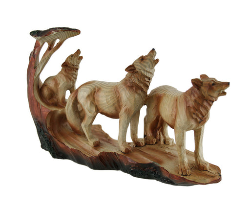 Howling Wolf Family Carved Wood Look Resin Statue Image 2