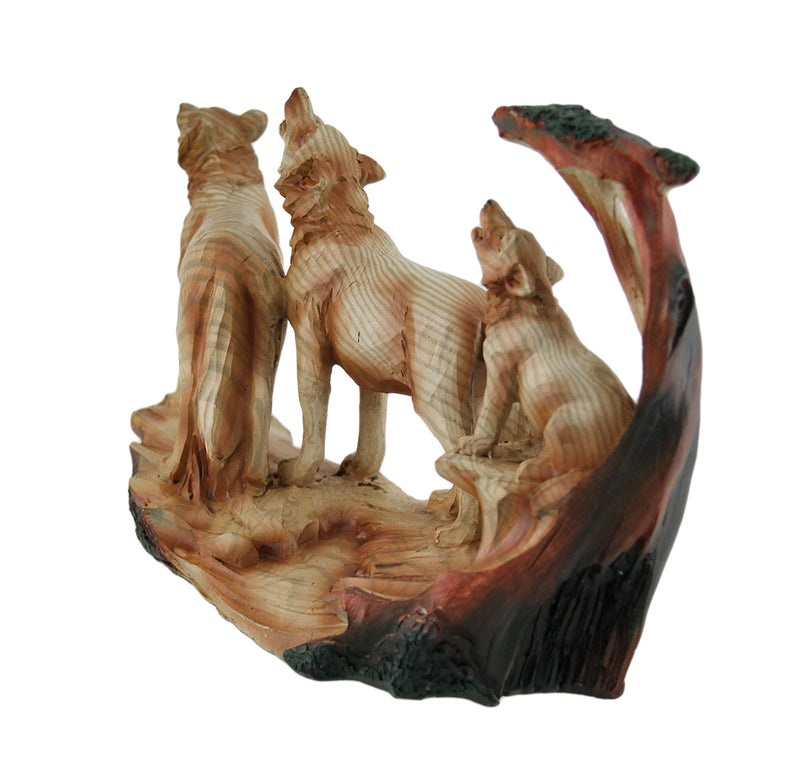 Howling Wolf Family Carved Wood Look Resin Statue Image 3