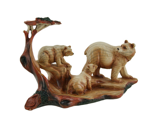Mother Bear and Cubs Carved Wood Look Resin Statue Image 1