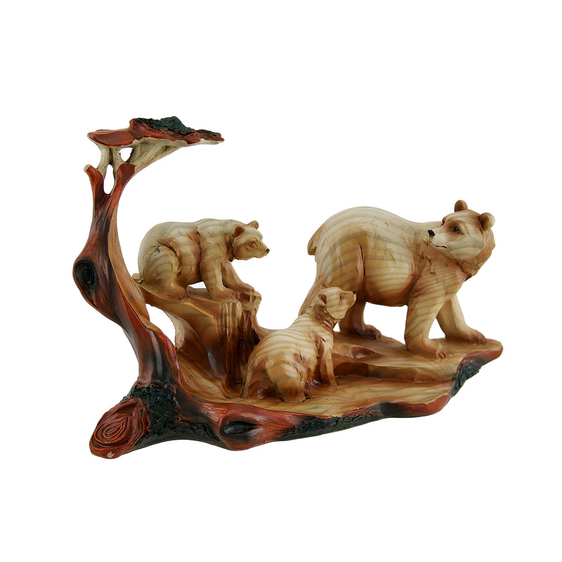 Mother Bear and Cubs Carved Wood Look Resin Statue Image 1
