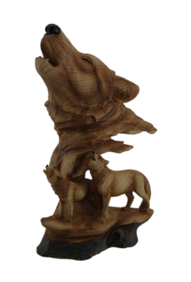 Carved Wood Look Howling Wolf Couple Figural Statue Image 1