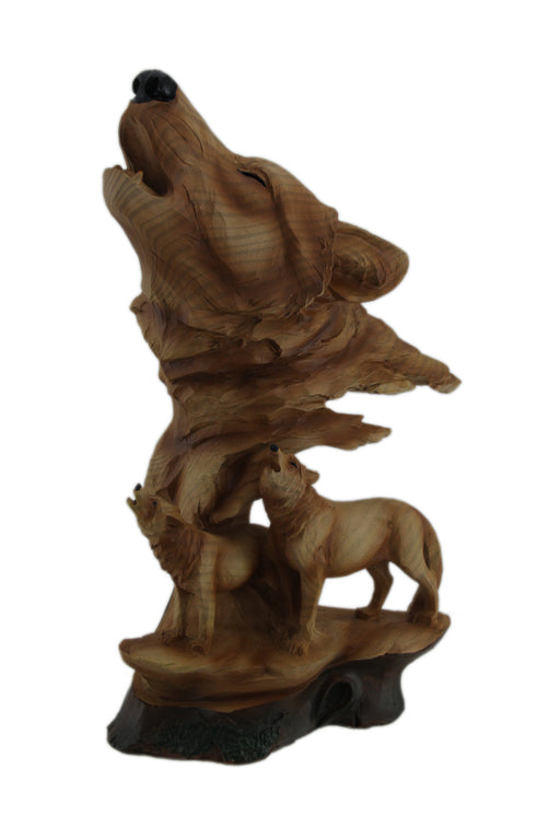 Carved Wood Look Howling Wolf Couple Figural Statue Image 1