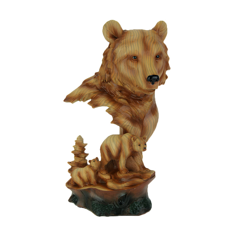 Faux Carved Bear Head and Family Wood Look Statue Image 1