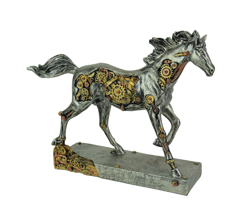 Steam Stallion Metallic Silver Running Steampunk Horse Statue Image 1