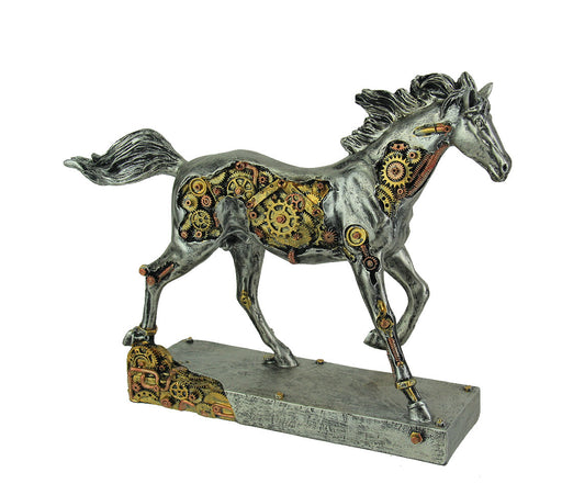 Steam Stallion Metallic Silver Running Steampunk Horse Statue Image 1