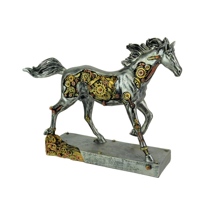 Steam Stallion Metallic Silver Running Steampunk Horse Statue Image 1