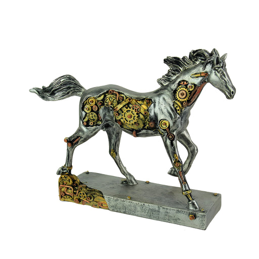 Steam Stallion Metallic Silver Running Steampunk Horse Statue Image 1