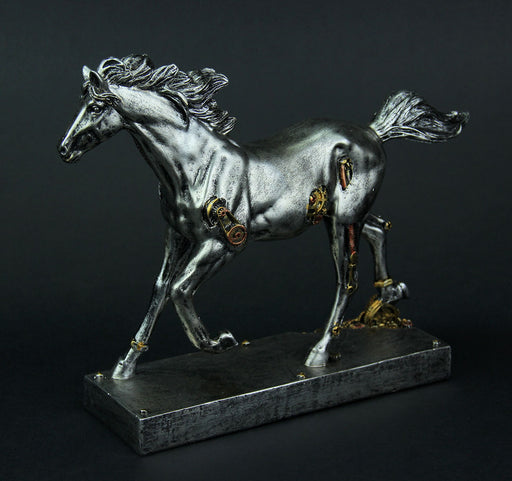 Steam Stallion Metallic Silver Running Steampunk Horse Statue Image 2