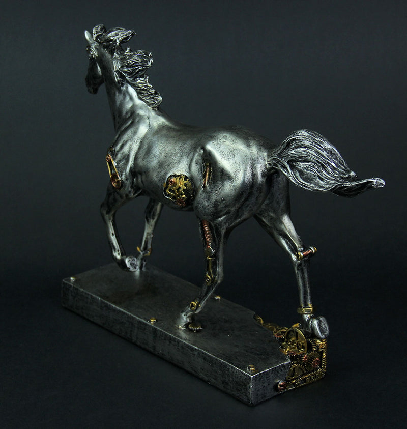 Steam Stallion Metallic Silver Running Steampunk Horse Statue Image 3