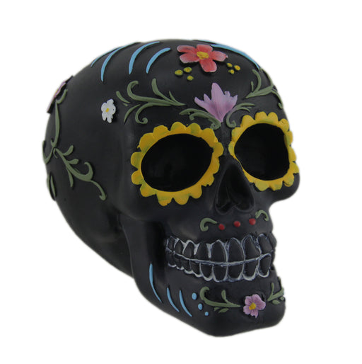 Hand Painted Black Day of the Dead Sugar Skull Statue Image 1