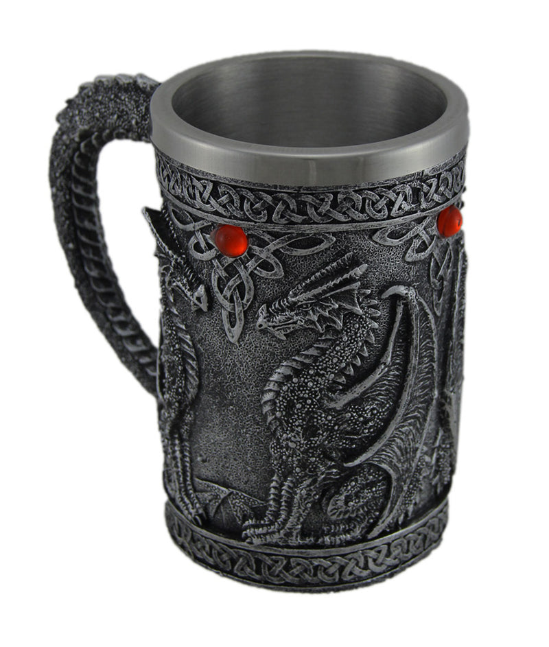 Gothic Dragon Decorative Tankard, Blackened Silver Resin Mug with Red Cabochons, Celtic Knot Detailing, Medieval Fantasy Cup,