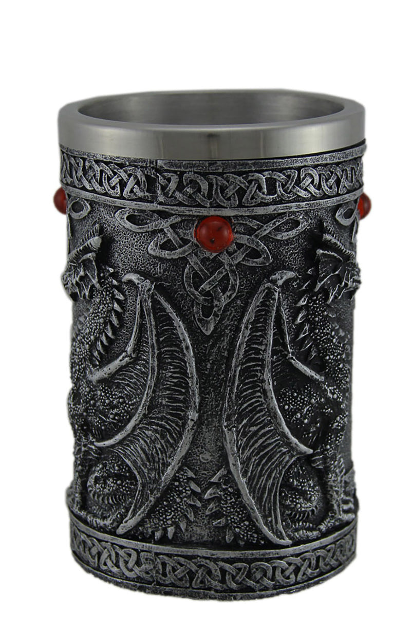 Gothic Dragon Decorative Tankard, Blackened Silver Resin Mug with Red Cabochons, Celtic Knot Detailing, Medieval Fantasy Cup,