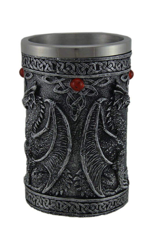 Gothic Dragon Decorative Tankard, Blackened Silver Resin Mug with Red Cabochons, Celtic Knot Detailing, Medieval Fantasy Cup,
