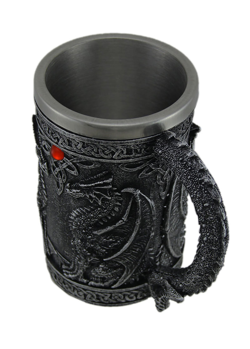 Gothic Dragon Decorative Tankard, Blackened Silver Resin Mug with Red Cabochons, Celtic Knot Detailing, Medieval Fantasy Cup,