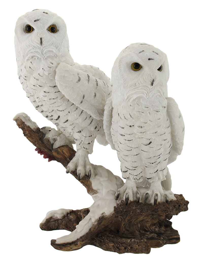 Pair of Snow Owls on a Branch Statue Image 1