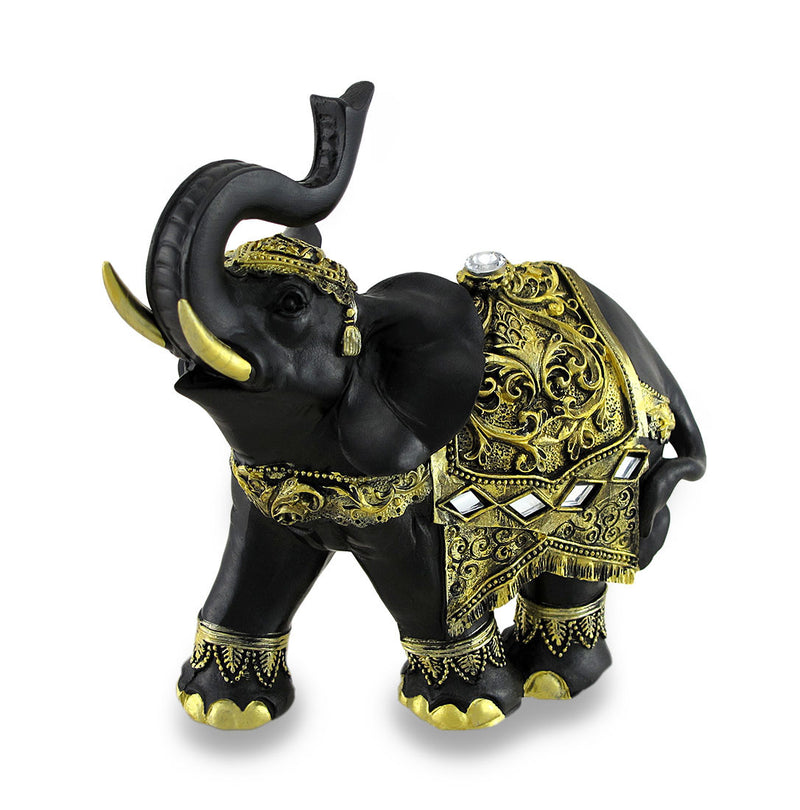 Exotic Black and Gold Finish Trunk Up Thai Elephant Statue Image 1