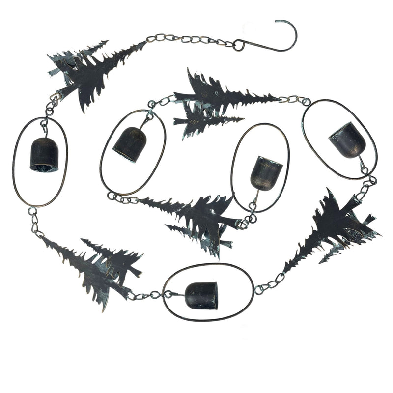 Black - Image 1 - 70-Inch Metal Rain Chain with 5 Forest Tree Silhouettes & Zen Bells, Dark Verdigris Finish, 3.25-Inch