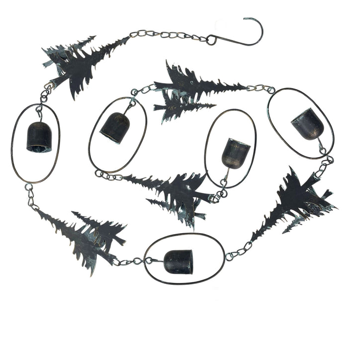 Black - Image 1 - 70-Inch Metal Rain Chain with 5 Forest Tree Silhouettes & Zen Bells, Dark Verdigris Finish, 3.25-Inch