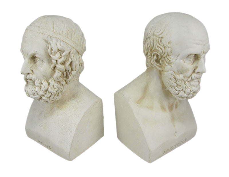 Aristotle and Homer Bust Antique White Plaster Bookends: Timeless Grecian Philosophy Sculptures, 8 Inches High, Decorative