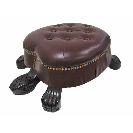 Hand-Carved Wood Turtle Ottoman Stool - Faux Leather Upholstery - Brown Walnut Finish - 28 Inches Long - Brass Tack Accents -