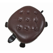 Hand-Carved Wood Turtle Ottoman Stool - Faux Leather Upholstery - Brown Walnut Finish - 28 Inches Long - Brass Tack Accents -