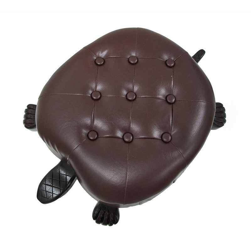 Hand-Carved Wood Turtle Ottoman Stool - Faux Leather Upholstery - Brown Walnut Finish - 28 Inches Long - Brass Tack Accents -