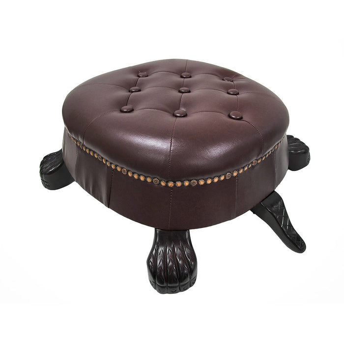 Hand-Carved Wood Turtle Ottoman Stool - Faux Leather Upholstery - Brown Walnut Finish - 28 Inches Long - Brass Tack Accents -