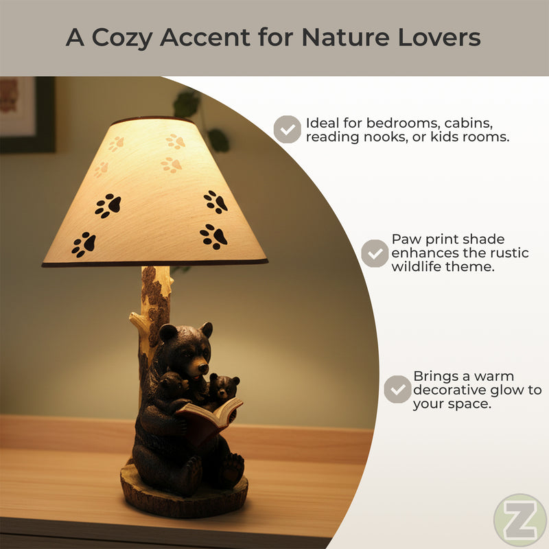 Black Bear Reading to Curious Cubs Table Lamp w/Paw Print Shade Western Décor Image 5