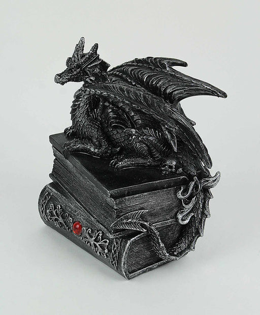 Guardian of Bibliophiles Stone Finish Dragon on Books Resin Trinket Box with Hidden Compartment - Gothic Medieval Dresser