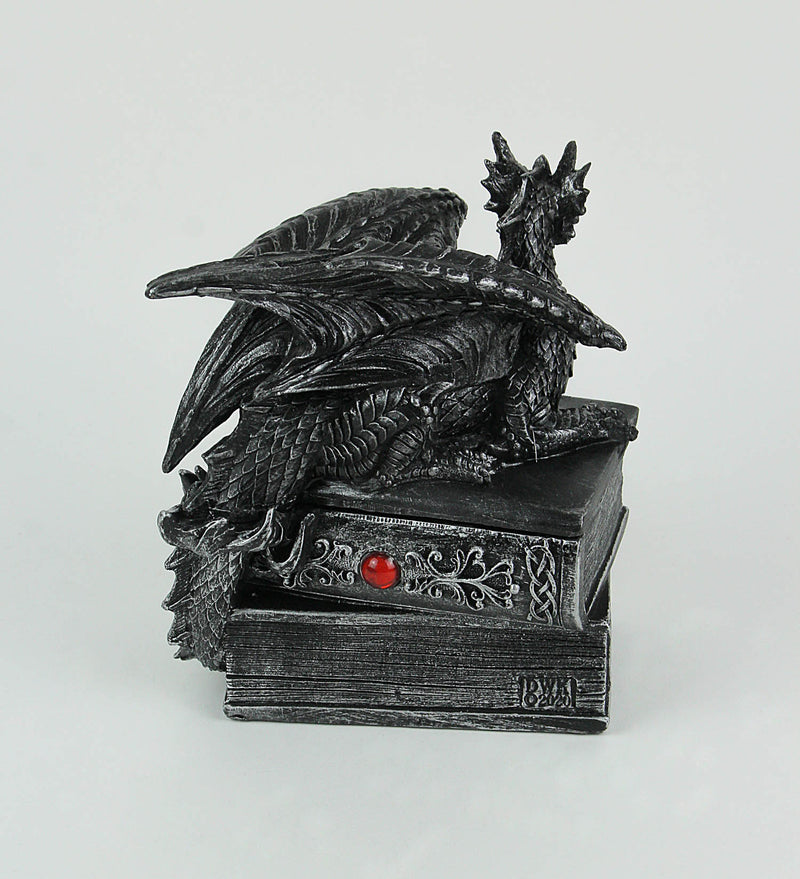 Guardian of Bibliophiles Stone Finish Dragon on Books Resin Trinket Box with Hidden Compartment - Gothic Medieval Dresser