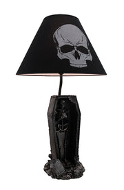 Shadows of Twilight Skeleton in a Coffin Table Lamp - With Black Fabric Skull Print Shade - Creepy Bedroom or Living Room