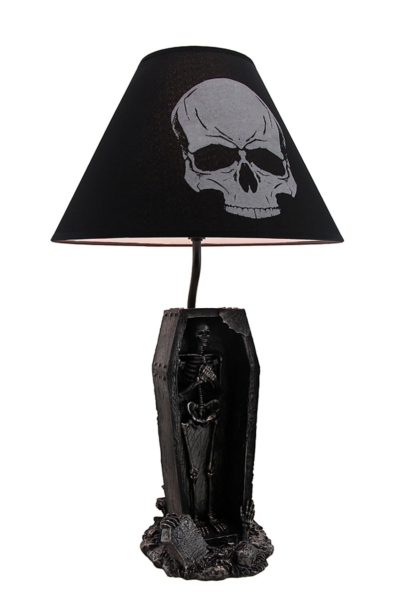 Shadows of Twilight Skeleton in a Coffin Table Lamp - With Black Fabric Skull Print Shade - Creepy Bedroom or Living Room