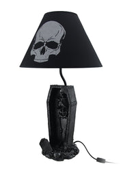Shadows of Twilight Skeleton in a Coffin Table Lamp - With Black Fabric Skull Print Shade - Creepy Bedroom or Living Room