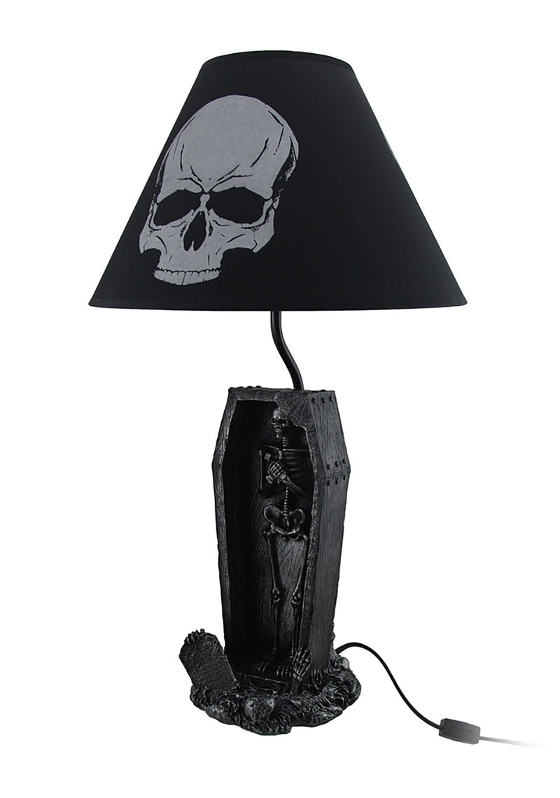 Shadows of Twilight Skeleton in a Coffin Table Lamp - With Black Fabric Skull Print Shade - Creepy Bedroom or Living Room